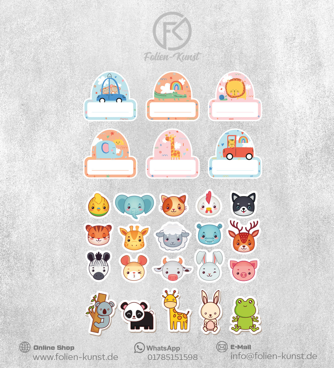 Namen Sticker Kindergarten / Schule Tiere Aufkleber Bogen