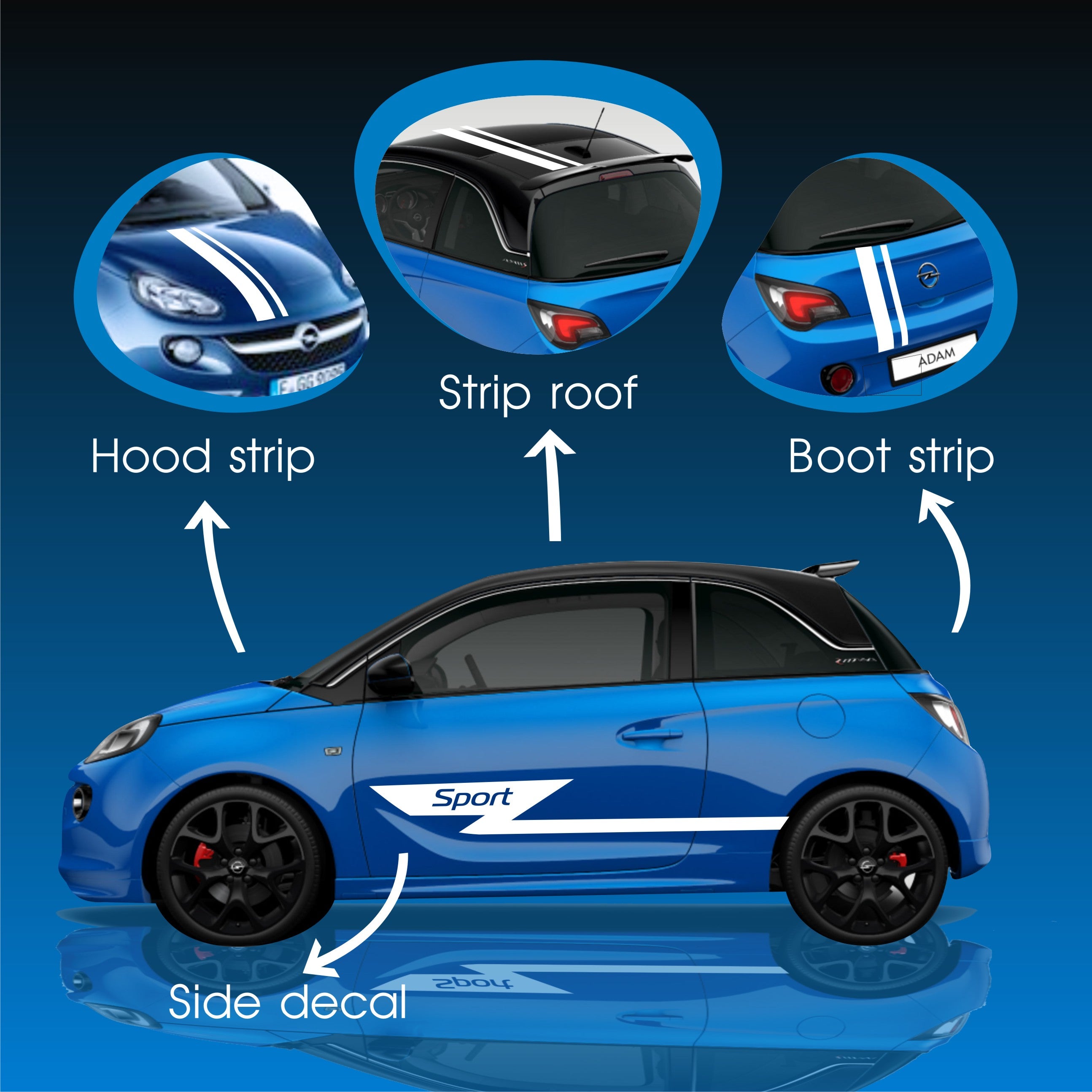 Streifen Aufkleber Art Set passend für Opel Adam Streifen Tuning S opc Rennen